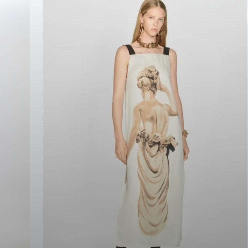 Zara Cream Maxi Dress with Artistic Print RARE!!